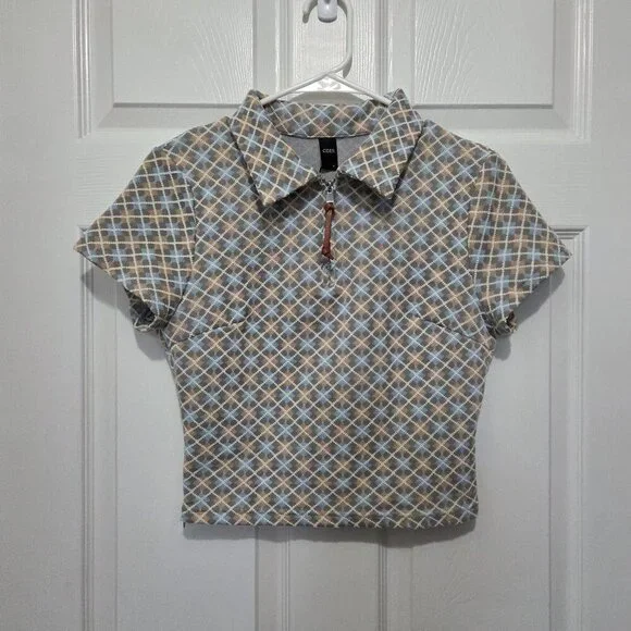 Cider Jacquard Quarter Zip Polo Geometric Short Sleeve Baby Blue Tee Sz Small - Picture 2 of 7